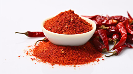 Red chili powder in bowl with dried red chilies on side