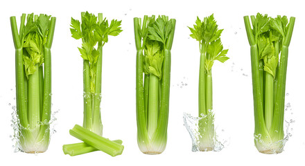 Fresh green celery stalks displayed in varying heights, showcasing their crisp texture against a clean background
