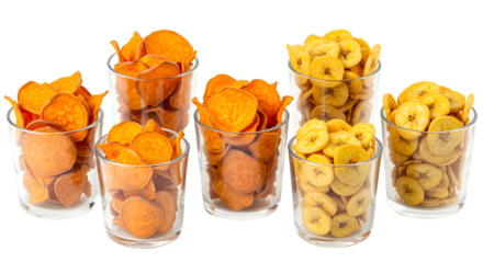 Colorful assortment of sweet potato and banana chips displayed in clear glass containers, set against a bright, neutral background