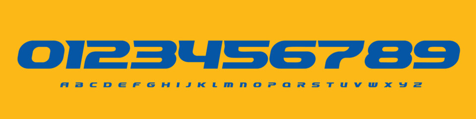 Font Logo Numbers Numeric Alphabet Typography Design Vector Type Typeface. Wide slanted digits with speed-cut rhythm for automotive and racing, team logos, esports overlays, fast branding