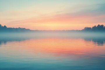Naklejka premium Tranquil evening sky at sunset casting warm hues over a serene lake