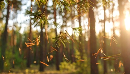 Pine needles fall in sunlit forest (1)