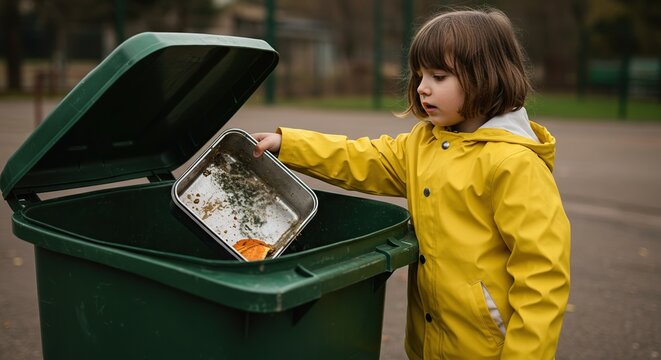 Young child in yellow raincoat disposing of leftover food into a large green outdoor bin demonstrating responsibility and cleanliness habits
