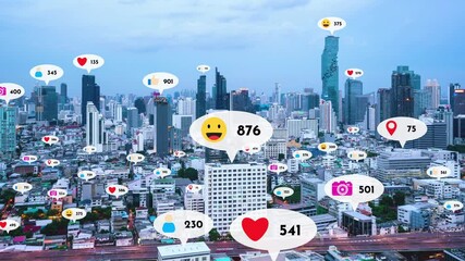Social media icons fly over city downtown showing people reciprocity connection through social network application platform . Concept for online community and social media marketing strategy .