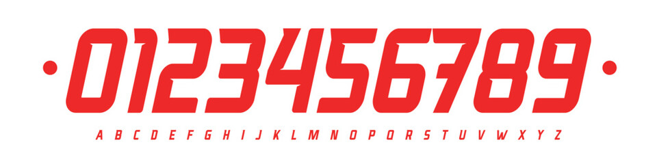 Font Logo Numbers Numeric Alphabet Typography Design Vector Type Typeface. Narrow slanted digits with sport tension for motorsport, esports, automotive, team jerseys, speed-driven branding. © artyway