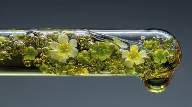 Extracting floral essence with a pipette, golden liquid and botanical fragments surrounded by water droplets and vibrant chrysanthemums, emphasizing natural beauty and scientific precision - Powered by Adobe