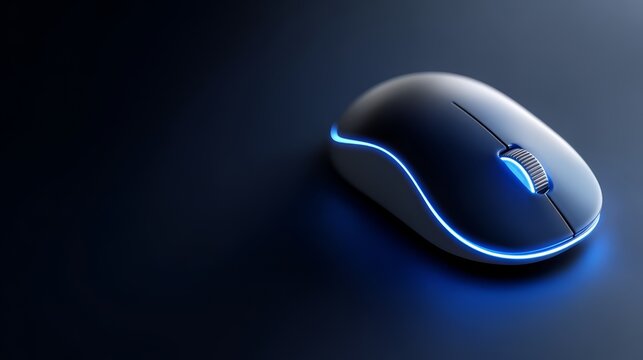 Computer mouse with a blue light on it. The mouse is on a dark background. The blue light on the mouse gives it a futuristic look