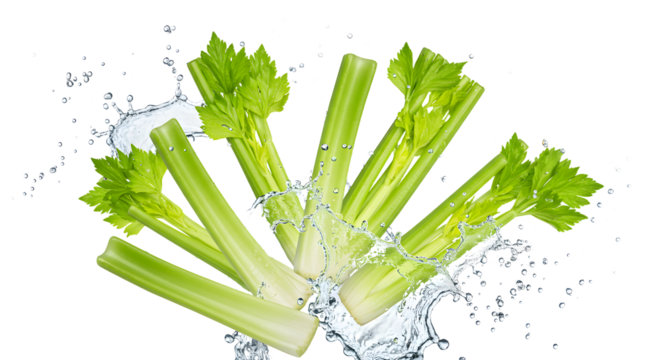 Fresh celery stalks splashing in water, highlighting their vibrant green color against a black background, ideal for healthy eating visuals
