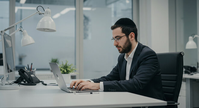 A man with a kippah working on his laptop in an office with a computer and a desk lamp nearby