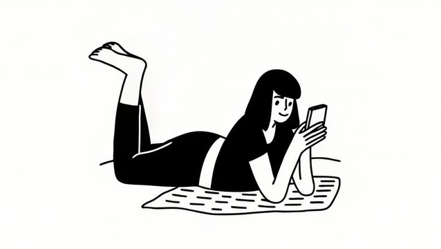 Minimal black and white illustration of a girl lying down while using a smartphone. Perfect for representing smartphone habits, tech lifestyle, or mobile addiction in digital and editorial content.