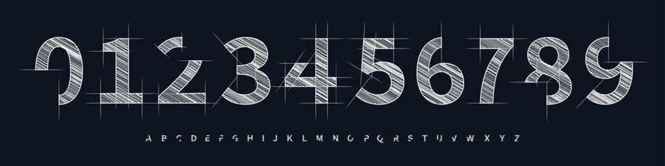 Fototapeta na wymiar Technical Sketch Number Font, Blueprint Alphabet for architecture posters, engineering design, tech manuals, and mechanical branding. Perfect for drafts, UI, construction themes. Vector Illustration.