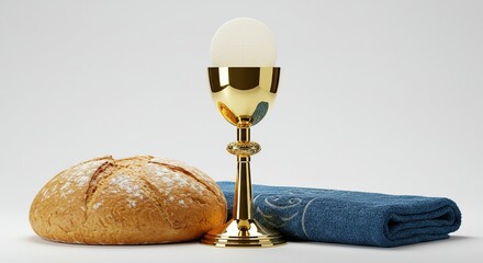 Golden Holy Chalice With Bread And Blue Cloth For Christian Communion Ceremony