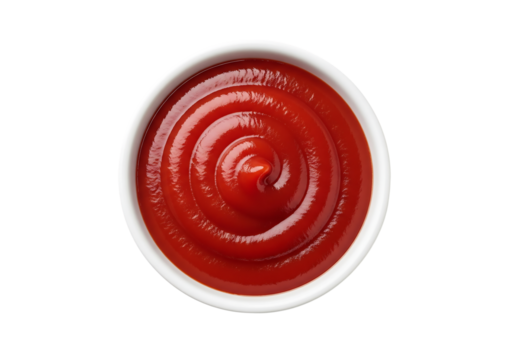 Bowl of ketchup or tomato sauce, swirled, top view flat lay. Isolated on transparent background, png