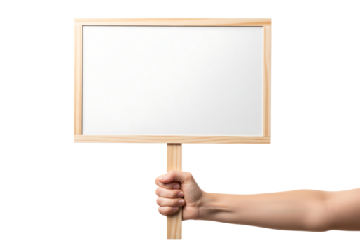 Hand holding a blank white sign with a wooden frame for protest or message. Isolated on transparent background, png