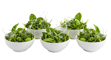 Fresh green spinach leaves being splashed with water in multiple white bowls, highlighting freshness and healthy eating