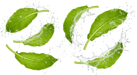 Fresh green leaves splashing in water, showcasing natural beauty and vitality against a clean black background