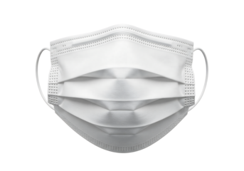 White disposable medical face mask for virus and flu protection, front view. Isolated on transparent background, png