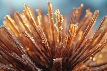Frost-covered flower head with a warm golden glow, showcasing intricate ice crystals against a soft blue background.