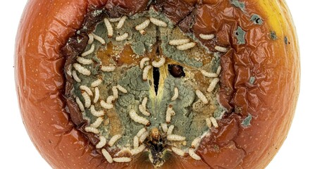 Decaying Apple Infested with Maggots and Mold Isolated on White Background Concept for Rot and Decay
