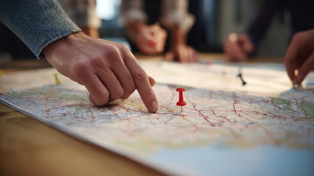 Hands pointing at a map on a table