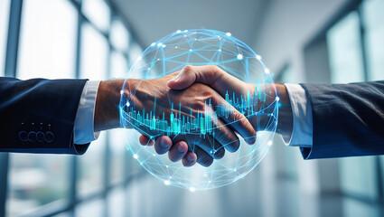 Two businessmen shaking hands over a glowing digital globe with financial data and network connections