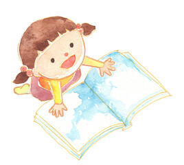 絵本を見る女の子の水彩イラスト