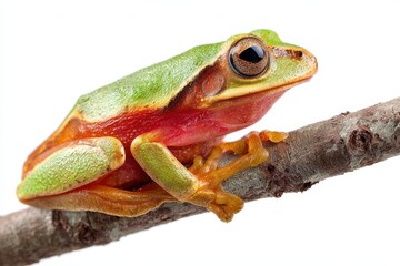 Obraz premium Vivid Green Tree Frog Perched on a Branch, Showcasing the Beauty of Nature and Wildlife