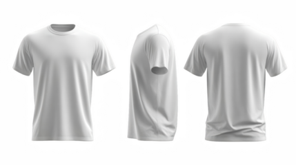Three views of a white t shirt on a black background showing front side and back
