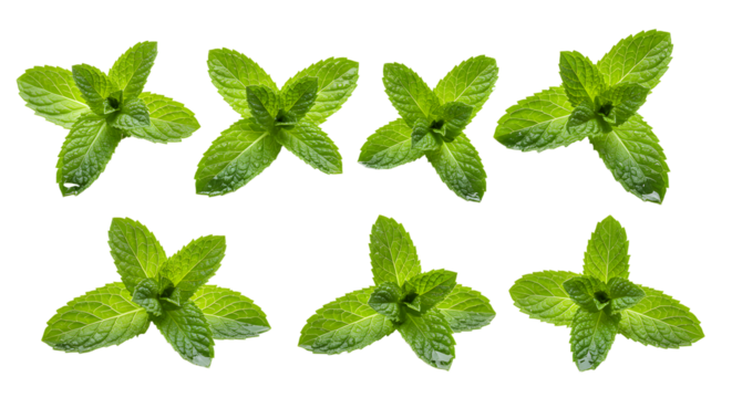 Fresh mint leaves arranged in a symmetrical pattern, showcasing vibrant green colors against a clean background, ideal for culinary use