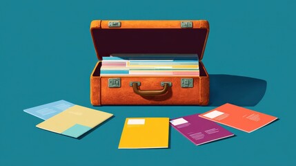 Open vintage suitcase filled with documents