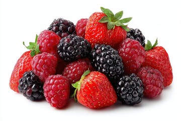 Vibrant Berry Medley: Fresh Strawberries, Raspberries, and Blackberries Piled Together on a Bright Background