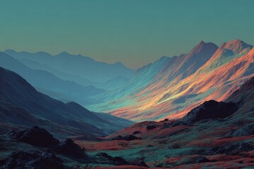 Magnificent mountain range silhouette at sunset with pink hues contrasting against the blue sky creating a tranquil and awe inspiring nature landscape