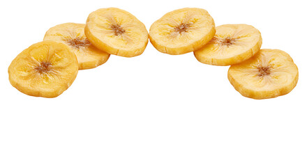 Slices of dried banana arranged in an arc, showcasing their vibrant yellow color against a clean white background