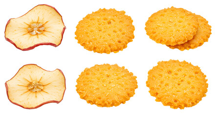 Sliced red apples and crispy cheese crackers arranged on a white background, perfect for snack ideas or food photography