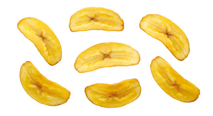 Slices of dried bananas arranged artistically on a white background, showcasing their texture and color for culinary use