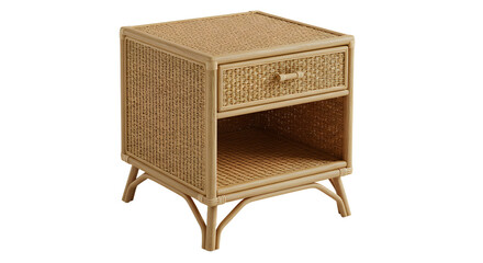 Stylish rattan nightstand with a drawer and open shelf, perfect for bedroom decor, set against a neutral backdrop