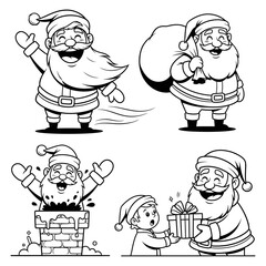 Black and White Santa Claus Illustrations Set – Festive Christmas Characters with Gifts and Chimney