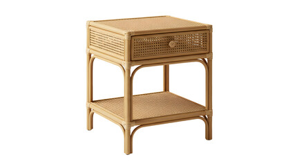 Stylish rattan nightstand with a drawer and shelf, placed in a modern bedroom setting with soft lighting and decorative elements