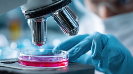 Scientist using microscope and petri dish