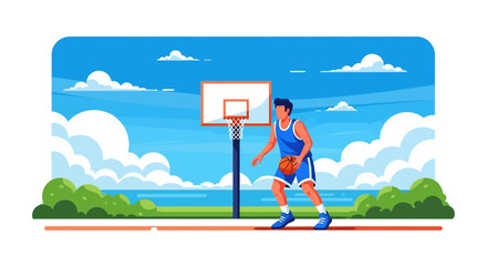 Adobe Illustrator artwork flat style illustration of a basketball player dribbling a ball on an outdoor court with a hoop, bushes, and a bright sky in summer beach