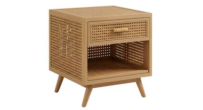 Stylish wooden nightstand with perforated design, showcasing a drawer and open shelf, set against a minimalist background
