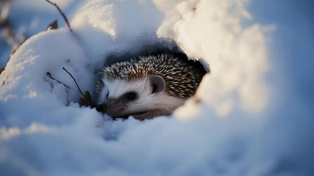 Cute hedgehog in snowy landscape with cold wind and frosty air. High quality 4k footage