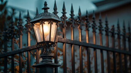 Pillar with streetlight on metal fence outdoors. space for text