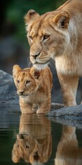 Obraz premium Young Lion Cub Gazes at the Mirrored Image of a Majestic Adult Lion in Serene Water