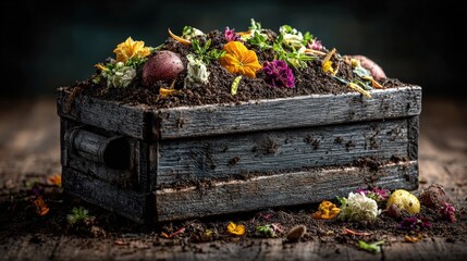Fresh vegetables and edible flowers in antique green toolbox on wooden surface create artistic farm to table composition