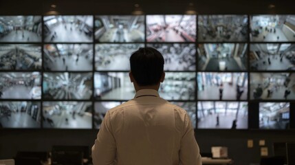 Security guard watches surveillance screens