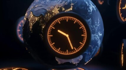 Rotating 3D Globe With Glowing Continents And Animated Clocks - Powered by Adobe