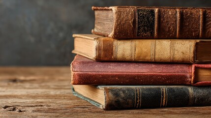 Stack of hardcover books on wooden background, closeup