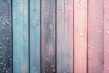 A row of wooden planks in different colors, adorned with glistening water droplets, creating a captivating textural pattern.