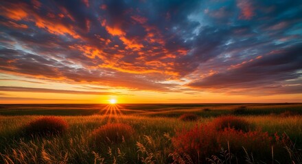 Fototapeta premium Prairie Grassland Sunset Dramatic Sky Landscape Photo